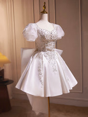 White Satin Beaded Knee Length Prom Dress, Cute A-Line Short Sleeve Party Dress with Bow