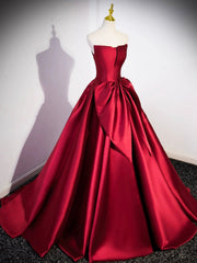 Burgundy Satin Strapless Long Prom Dress, Beautiful A-Line Evening Party Dress