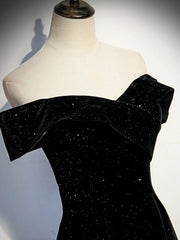 Black Velvet Long Prom Dress, Black Off the Shoulder Evening Party Dress