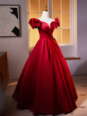 Dark Red Satin Long Prom Dress, Off the Shoulder A-Line Formal Evening Dress