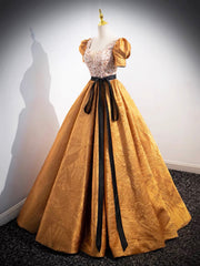 Unique V-Neck Beaded Floor Length Prom Dress, Beautiful A-Line Short Sleeve Party Dress