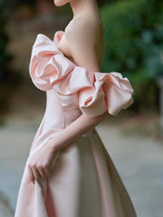 Pink Satin Floor Length Prom Dress, Off the Shoulder Evening Party Dress