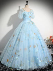 Blue Tulle Floor Length Prom Dress, Beautiful Short Sleeve Evening Party Dress