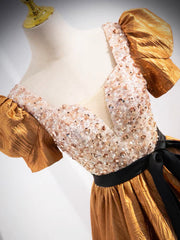 Unique V-Neck Beaded Floor Length Prom Dress, Beautiful A-Line Short Sleeve Party Dress