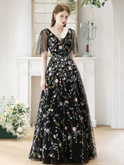 Black V-Neck Tulle Sequins Long Prom Dress, Black A-Line Evening Party Dress