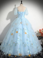 Blue Tulle Floor Length Prom Dress, Beautiful Short Sleeve Evening Party Dress