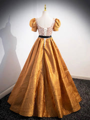 Unique V-Neck Beaded Floor Length Prom Dress, Beautiful A-Line Short Sleeve Party Dress