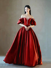 Burgundy Satin Rhinestone Floor Length Prom Dress, A-Line Off-The-Shoulder Princess Party Dress