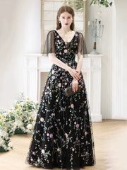 Black V-Neck Tulle Sequins Long Prom Dress, Black A-Line Evening Party Dress