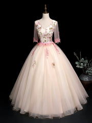Champagne V-Neck Tulle Lace Long Prom Dress, A-Line Lovely Evening Party Dress