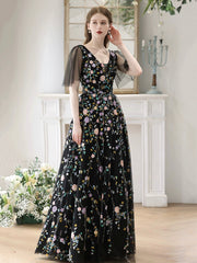 Black V-Neck Tulle Sequins Long Prom Dress, Black A-Line Evening Party Dress