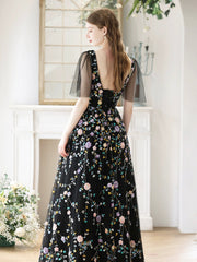 Black V-Neck Tulle Sequins Long Prom Dress, Black A-Line Evening Party Dress