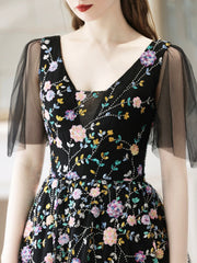 Black V-Neck Tulle Sequins Long Prom Dress, Black A-Line Evening Party Dress