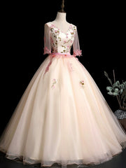 Champagne V-Neck Tulle Lace Long Prom Dress, A-Line Lovely Evening Party Dress
