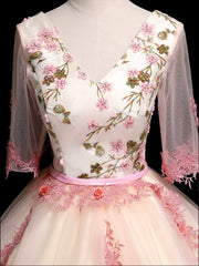 Champagne V-Neck Tulle Lace Long Prom Dress, A-Line Lovely Evening Party Dress