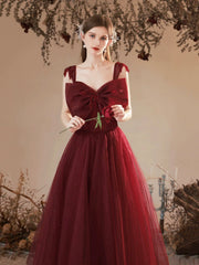 Burgundy Tulle Long Prom Dress, Lovely A-Line Evening Party Dress with Bow
