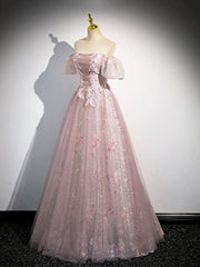 Pink Tulle Lace Long Prom Dress with Beaded, A-Line Off the Shoulder Evening Party Dress