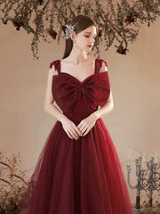 Burgundy Tulle Long Prom Dress, Lovely A-Line Evening Party Dress with Bow