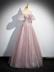 Pink Tulle Lace Long Prom Dress with Beaded, A-Line Off the Shoulder Evening Party Dress