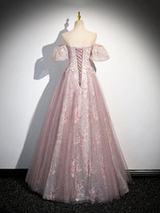 Pink Tulle Lace Long Prom Dress with Beaded, A-Line Off the Shoulder Evening Party Dress