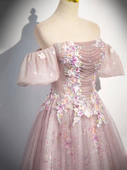 Pink Tulle Lace Long Prom Dress with Beaded, A-Line Off the Shoulder Evening Party Dress