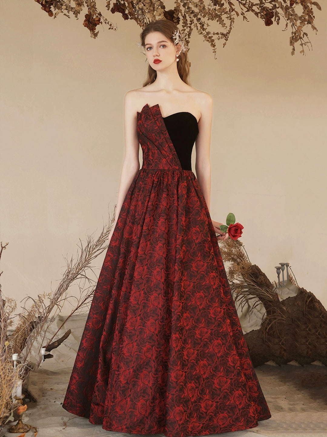 Elegant Rose Pattern Satin Long Prom Dress with Velvet, A-Line Strapless Formal Evening Dress