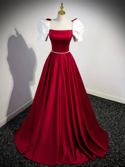 White and Burgundy Satin Long Prom Dress, Beautiful A-Line Short Sleeve Evening Dress