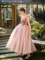 Retro Pink Velvet Tulle Tea Length Prom Dresses, A-Line U-Neck Short Sleeve Princess Party Dresses