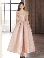 Cute Satin Tea Length Prom Dress, Off the Shoulder Pink A-Line Party Dress