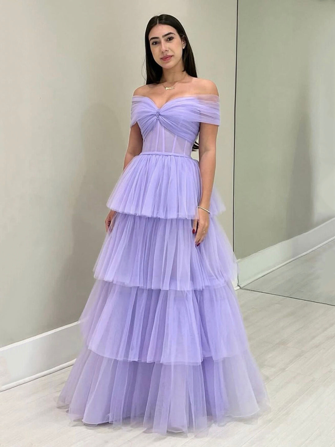 Purple Tulle Floor Length A-Line Prom Dress, Off the Shoulder Evening Party Dress