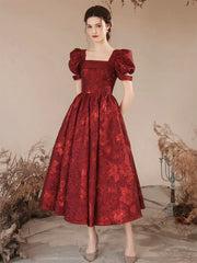 Burgundy A-Line Tea Length Prom Dress, Cute Short Sleeve Evening Party Dress