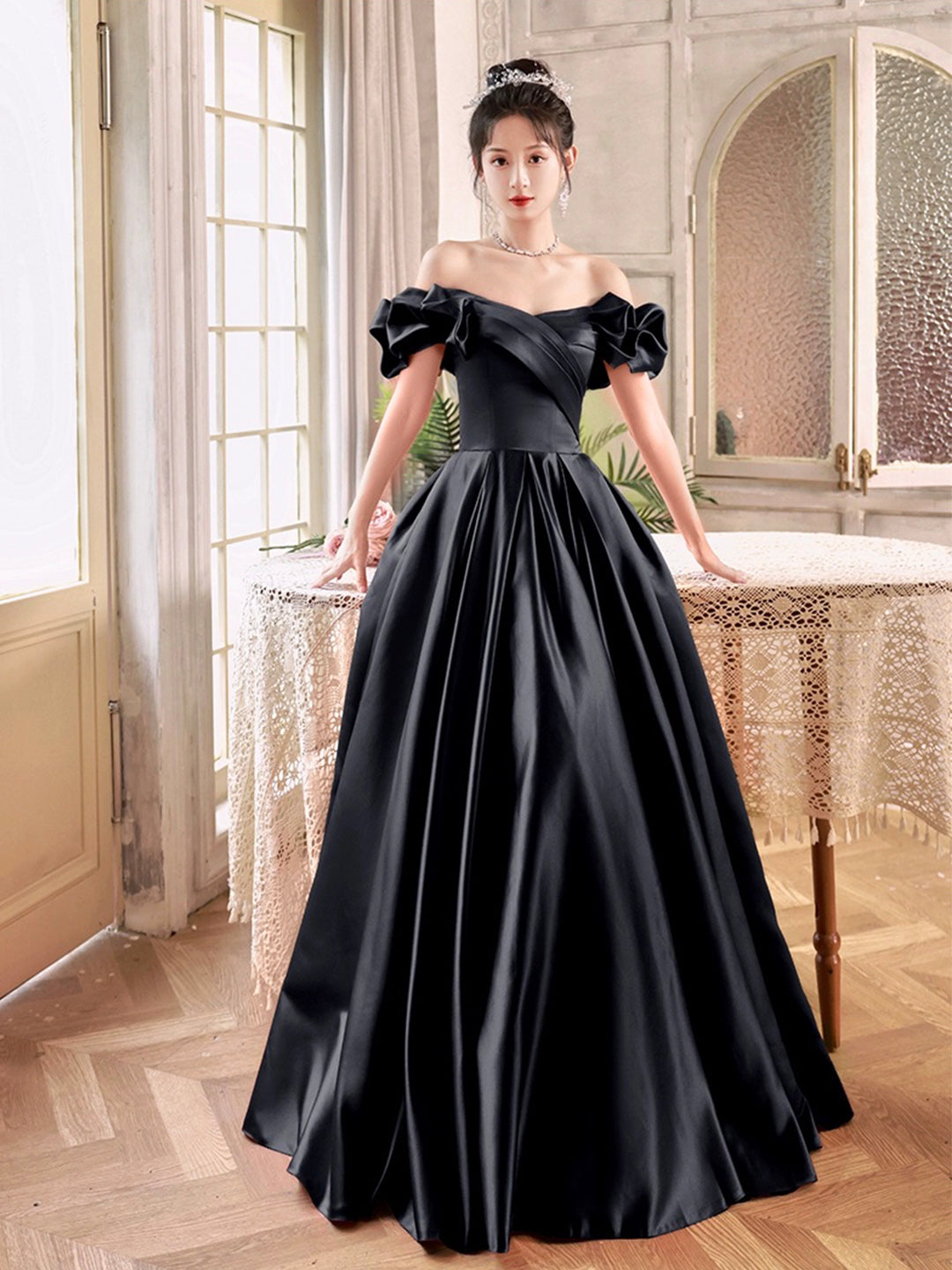 Black Satin Long A-Line Prom Dress, Black Off the Shoulder Formal Evening Dress