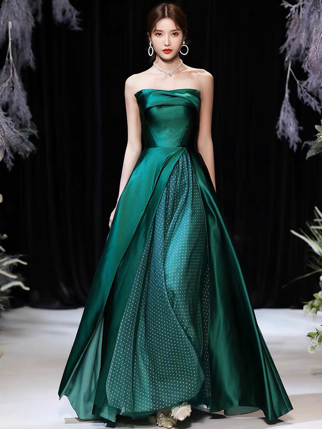 Dark Green Satin Long Prom Dress, Beautiful A-Line Strapless Evening Party Dress
