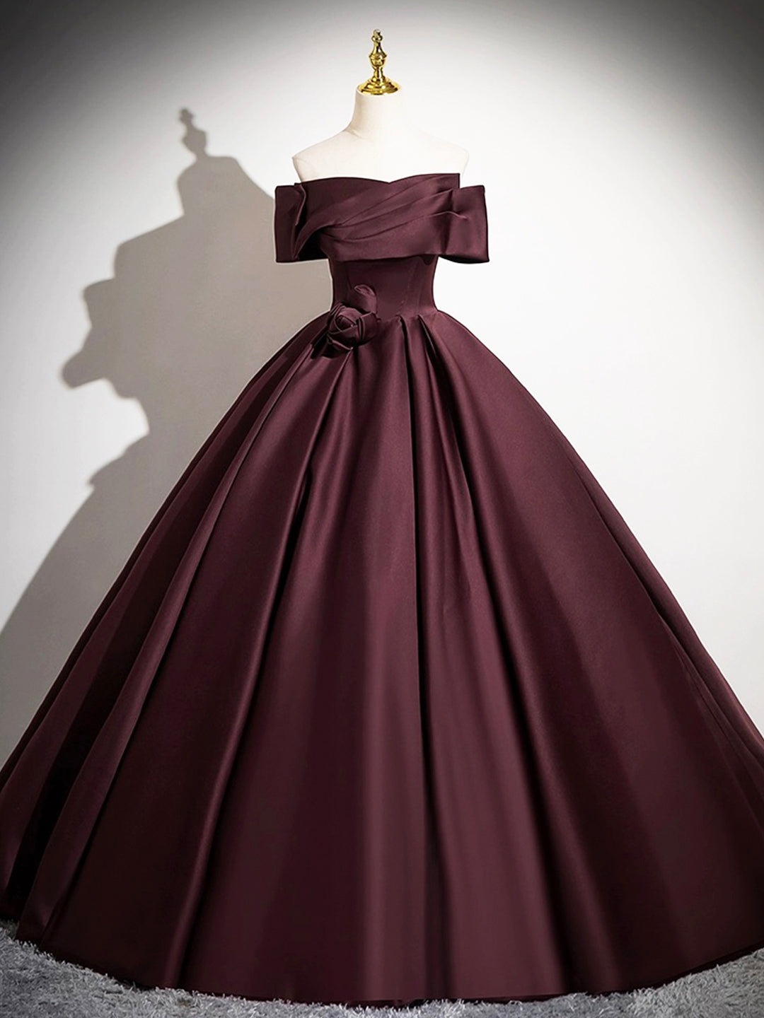 Dark Burgundy Satin Long Prom Dress, Elegant A-Line Off the Shoulder Evening Party Dress