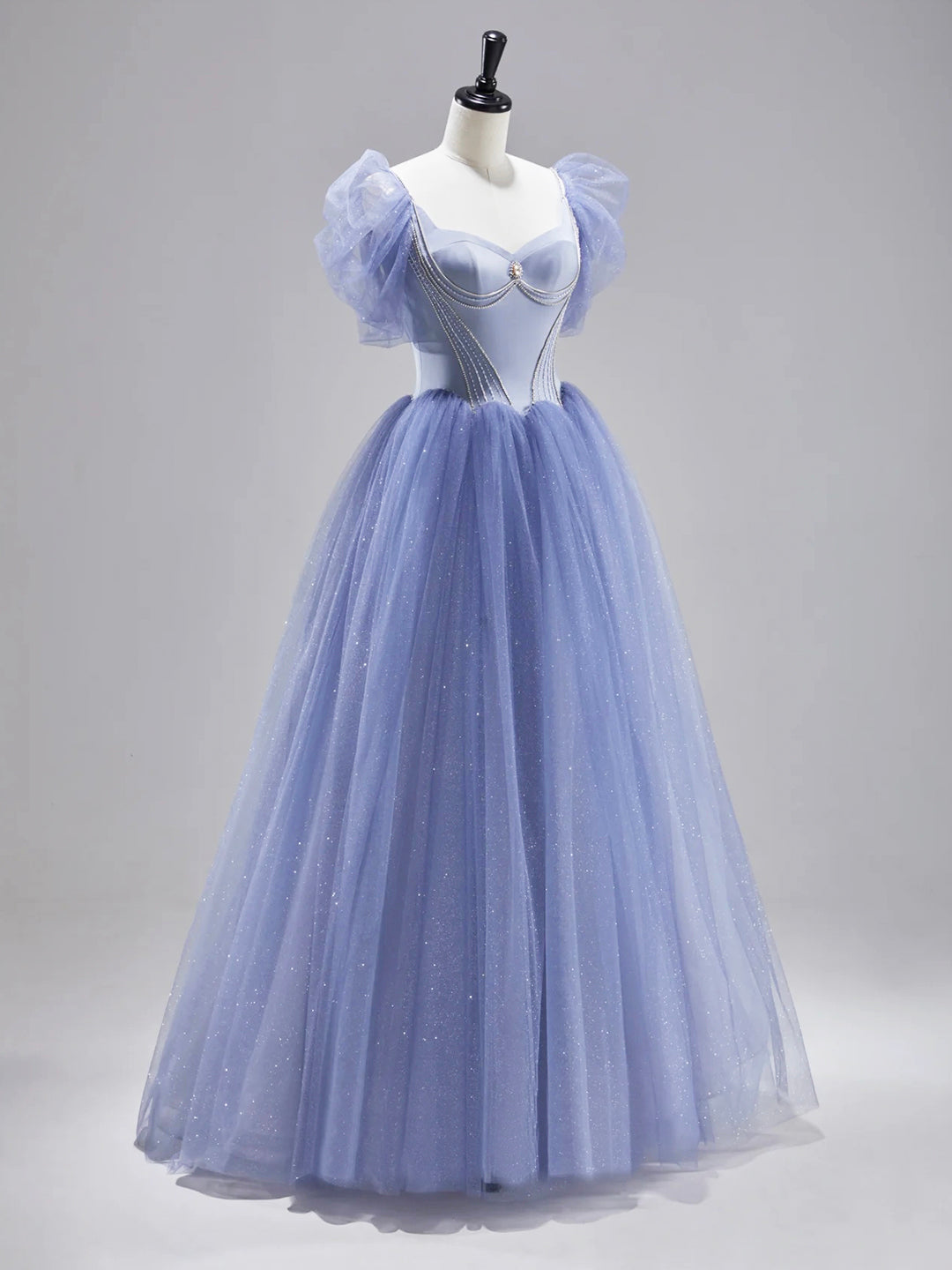 Blue Satin Tulle Floor Length Prom Dress, Beautiful Short Sleeve Formal Evening Dress