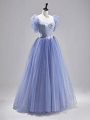 Blue Satin Tulle Floor Length Prom Dress, Beautiful Short Sleeve Formal Evening Dress