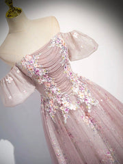 Pink Tulle Lace Long Prom Dress with Beaded, A-Line Off the Shoulder Evening Party Dress