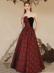 Elegant Rose Pattern Satin Long Prom Dress with Velvet, A-Line Strapless Formal Evening Dress