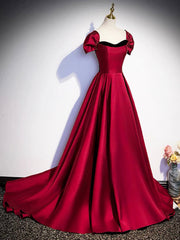 Burgundy Satin Strapless Prom Dress, Simple A-Line Party Dress with Detachable Sleeve