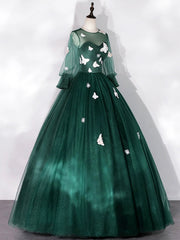 Dark Green Tulle Floor Length Prom Dress with Butterfly Appliques, A-Line Long Sleeve Evening Party Dress