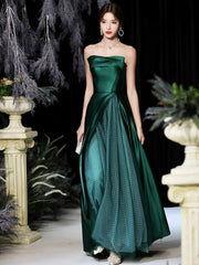 Dark Green Satin Long Prom Dress, Beautiful A-Line Strapless Evening Party Dress