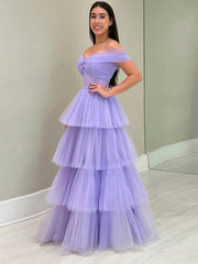 Purple Tulle Floor Length A-Line Prom Dress, Off the Shoulder Evening Party Dress