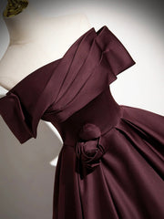 Dark Burgundy Satin Long Prom Dress, Elegant A-Line Off the Shoulder Evening Party Dress