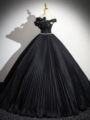 Black Pleated Long A-line Party Gown with Rhinestone Sash, Elegant Off the Shoulder Formal Evening Dress