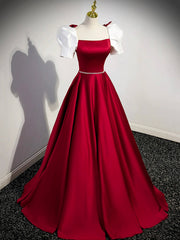 White and Burgundy Satin Long Prom Dress, Beautiful A-Line Short Sleeve Evening Dress