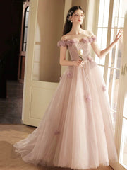 Beautiful Tulle Long Prom Dress with Flowers, A-Line Off the Shoulder Evening Party Dress