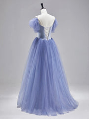 Blue Satin Tulle Floor Length Prom Dress, Beautiful Short Sleeve Formal Evening Dress
