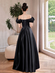 Black Satin Long A-Line Prom Dress, Black Off the Shoulder Formal Evening Dress