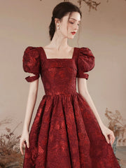 Burgundy A-Line Tea Length Prom Dress, Cute Short Sleeve Evening Party Dress