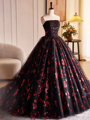 Black Tulle and Red Sequins Long Pom Dress, Beautiful A-Line Strapless Formal Evening Dress